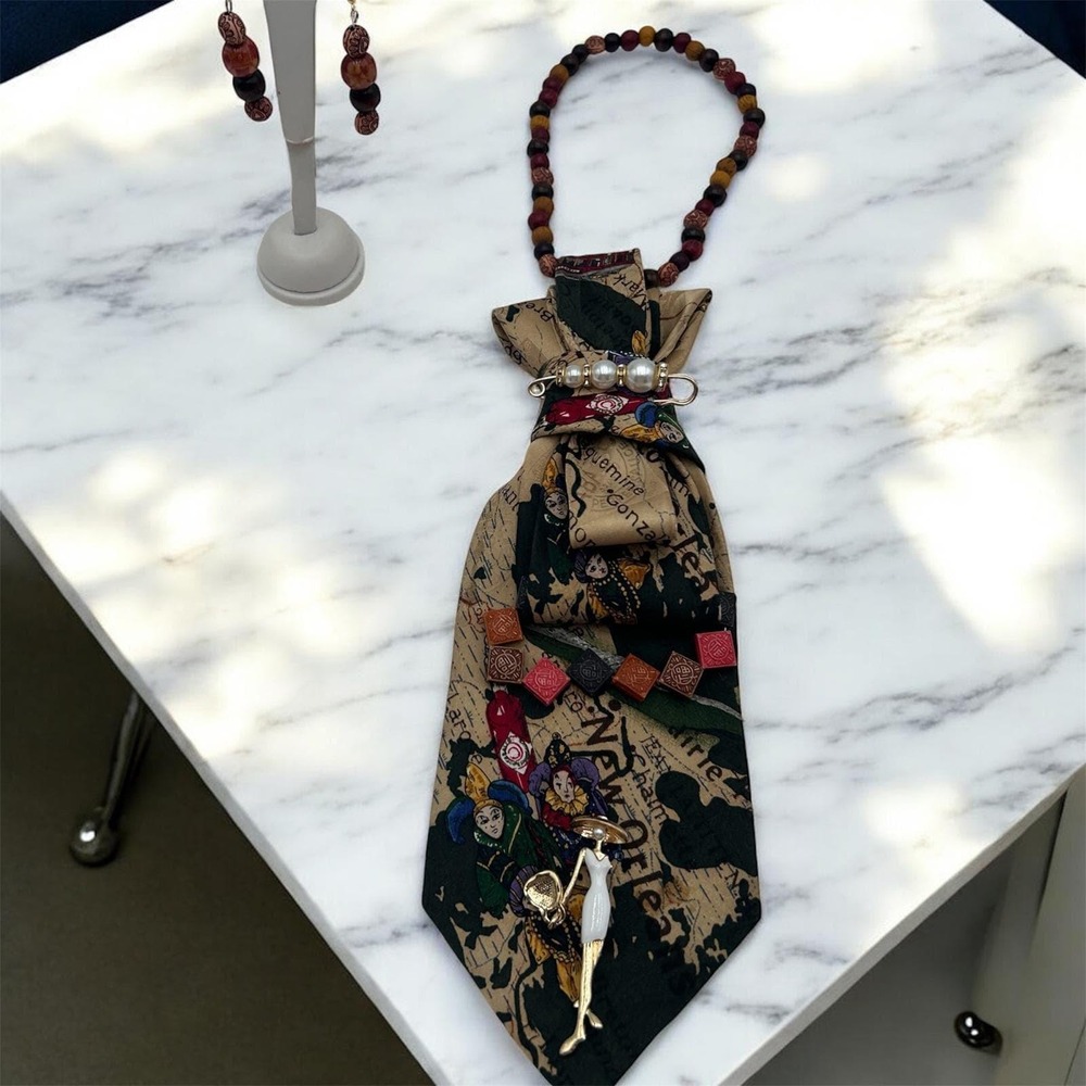 Handmade New Orleans Vintage Tie Statement Necklace and Earring Set Boho